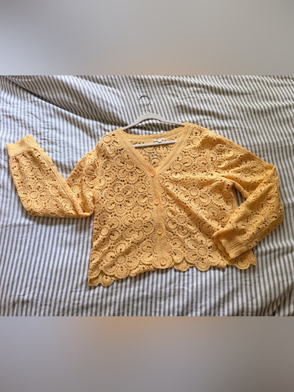 Yellow Crochet Floral Button-Front Cardigan